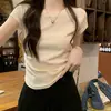 Camiseta de mujer con hombros rectos, algodón puro, color liso, nuevo estilo verano 2026, manga corta, irregular, estilo coreano, corta, adelgazante, top interior