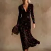 Vestido Transfronteiriço Novo Estilo com Decote em V e Mangas Longas com Elementos de Impressão Digital 3D, Saia Fashion e Personalizada para Marcar a Cintura Feminina
