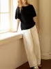 Liquidación 100% Lana Merino Dobladillo Enrollado Cuello Redondo Manga Corta Camiseta Holgada Casual Versátil Tejido
