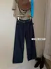 Suxinlan/YOUMO Jeans Feminino de Inverno Estilo Old Money com Floco Versátil Perna Estreita Perna Larga 95307 (com cinto)