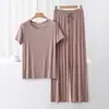 Conjunto nuevo de camiseta de manga corta y pantalones de pierna ancha para mujer para primavera y verano, ropa de estar modal talla grande, pijama casual de dos piezas