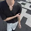 Camiseta Masculina de Verão Nova com Gola V, Lixada, de Manga Curta High-End, Textura Canelada Cleanfit