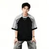 Camiseta Deportiva de Algodón Puro de Manga Corta para Hombre y Mujer, Estilo Americano con Bloques de Color y Tres Rayas, Marca de Moda, Peso Pesado, Corte Holgado, Casual, Manga Media Juvenil
