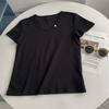 Camiseta Feminina Dopamina Cor Gola Ganso Botão Manga Curta, Simples Cor Sólida Solta Versátil Base Top para Verão