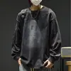 Moletom de algodão puro com lavagem vintage estilo rua americano para homens, nova blusa top T-shirt casual solta de manga comprida para primavera/outono