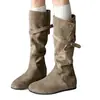 Botas Altas Retro de Piel Suave para Mujer con Tacón Oculto Estilo Nuevo Arrugadas de Caña Alta Uso Bidireccional Apiladas Botas Altas de Otoño