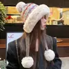 Gorro de punto grueso y cálido estilo Fair Isle para mujer de invierno, forrado de polar, gorro de lana con protección para las orejas estilo mongol, gorro Lei Feng para circunferencia de cabeza grande
