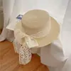Novo chapéu de copa reta estilo francês para mulheres, circunferência da cabeça grande, aba reta, chapéu para férias na praia à beira-mar, laço de verão