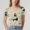 Verano 2025 Transfronterizo Europeo y Americano Nuevo Estilo Una Pieza Personalizado Estampado de Gato Manga Corta Cuello en V Top Moda y Lindo Camiseta para Mujer