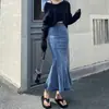 Falda Denim Azul Vaina para Mujer Verano Cintura Alta Adelgazante Elástica Combinable Diseño Delgado Abertura Falda Cola de Pescado