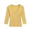 Top Sexy para Mujer con Cuello en V Profundo y Mangas Medias Estilo Nuevo Otoño e Invierno para Mujer Look Adelgazante en el Hombro Derecho Camiseta Corta de Lyocell Tencel
