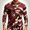Camiseta de manga larga con cuello redondo, estampado geométrico y de camuflaje, camiseta con estampado de camuflaje 3D, 100% poliéster, cuello redondo