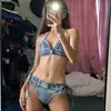 Spice Girls Figura Mostrada Sexy Bikini de Mezclilla Traje de Playa Ins Foto de Vacaciones Celebridad Cibernética Traje de Baño Escotado al Cuello con Abertura
