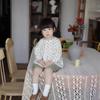 Roupa Infantil Coreana à Vista Outono Azul Estilo Lucy Manga Longa Meninas Floral Babydoll Camisa Shorts com Cintura Elástica Conjunto