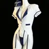 Lingerie Sexy para Mulheres Body Decote em V Profundo Manga Meia Mão Costura Dupla Sem Fundo Uniforme de Aeromoça