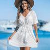 2024 Amazon Nuevo Vestido de Playa para Mujer Tejido Color Sólido Cuello Personaje Calado Bikini Traje de Baño Vestido de Mujer