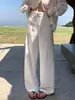 Calça Wide Leg de Linho Tencel Azul Marinho para Mulheres, Verão 2026 Fina Antirrugas Fluida Respirável de Perna Reta Comprimento Total