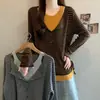2026 Tallas Grandes para Mujer Nuevo Otoño Estilo Americano Bloque de Color Falso Dos Piezas Dobladillo Rayado Cordón Top de Punto