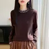 Suéter de Tricô 100% Lã Novo Outono/Inverno 2026 Manga Longa Feminino Cor Sólida Costurado à Mão com Strass Top de Lã Solto