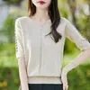 Camiseta de mujer con cuello en V, estilo Andy, nueva colección de verano, top de punto de manga corta, corte holgado, moda femenina transfronteriza, suéter de punto