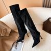 3773-5 Botas de Tacón Alto de Punta Versátiles con Tacón de Bloque de Tubo Largo para Mujer Otoño e Invierno 2025 Nuevo Tejido Adelgazantes Botas de Montar