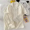 (Precio del paquete) Conjunto de dos piezas de algodón nube doble corto de manga corta de 120g, pijama dulce y lindo para casa para mujer