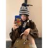Gorro de Punto Jacquard Estilo Coreano para Mujer, Pompones Vintage para Otoño e Invierno, Adelgazante de Rostro, Versión Delgada Gruesa, Bufanda de Doble Uso