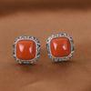Pendientes de botón de plata S925 de Golden Deer King con temperamento artístico, diseño de hierba Tang hueca con incrustaciones de ágata cuadrada, pendientes de mujer