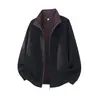 Cardigan Esportivo Han Lu Moda de Rua Americana Moletom Pesado para Homens, Outono e Inverno Quente Modelagem Solta Gola Reversível Jaqueta Texturizada Color-Blocking.