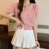Suéter Feminino de Gola Redonda com Botões Frontais e Manga Curta Verão Novo Estilo Coreano Slim Cardigan Top para Mulheres Nicho Chique Camiseta