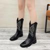 Novas Botas de Motociclista Cavaleiro com Manga Bordada Retrô Cano Médio Bico Quadrado Botas de Montaria Versátil Botas Western Cowboy Boca em V