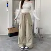 Calça de trabalho retro americana para mulheres, calça casual estilo dopamina nova para primavera e outono, corte solto com bolsos grandes, calça longa de perna larga