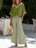 2026 Amazon Sitio Independiente Top de Manga Corta con Cuello en V y Estampado de Rayas Pantalones de Pierna Ancha Conjunto Casual Suelto de Dos Piezas para Mujer