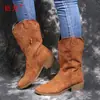 Juyuan Em Estoque Novo Modelo Outono/Inverno 2026 Tamanho Grande Botas Femininas de Salto Baixo Desejo Botas de Couro Estilo Europeu e Americano