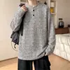 Camiseta Henley de Manga Larga con Patrón de Espina de Pescado para Hombre Otoño Estilo Old Money Diseño con Sentido Sudadera con Capucha Suelta Pullover