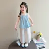 Conjunto de Verano Ligero de Moda para Niñas 2026 Nueva Moda Conjunto de Dos Piezas con Camisa de Cuadros Chaleco Pantalones de Pierna Ancha para Niños