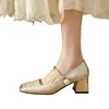 Sapatos Mary Jane de Cetim Estilo Chinês Novo Verão 2025 Salto Alto Retrô Quadrado Baixo com Pérolas