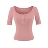 2629-Camiseta de Moda Estilo Europeo y Americano con Cuello en U y Mangas Cortas para Mujer, Nuevo Estilo Primavera y Verano 2026, Top Base Sexy Adelgazante