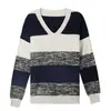 Moda Primavera y Otoño Transfronteriza Bloque de Color Cuello en V Algodón Puro Tejido Estilo Coreano Manga Larga Holgado Casual Suéter Top Elegante