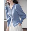 Diseño Nuevo Otoño e Invierno 2025, Hermoso Elegante, Mangas Abullonadas, Suéter Azul Pequeño y Delicado, Suéteres para Mujer, Moderno