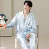 Cárdigan largo de manga larga y pantalón largo para hombre al por mayor, pijama de algodón puro, ropa de casa casual de dibujos animados para otoño, conjunto de dos piezas