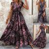 Aliexpress Exportação Transfronteiriça Vestido Retro com Estampa Floral Geométrica Moda Elegante Decote Profundo Manga Curta