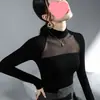2025 Top de Malla Ligeramente Transparente con Ensambles Negro Otoño e Invierno Nuevo Estilo Camiseta Base de Manga Larga para Mujer