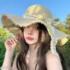 Sombrero de paja con ala ancha y tiras para mujer, estilo coreano, transpirable, para verano, playa, vacaciones, pescador