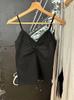 Camisola sexy estilo BM con escote en V, espalda descubierta y lazo doble, de encaje, color negro, para mujer, estilo BM, base ajustada