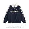 Sudadera Retro Americana Estilo Universitario con Cuello Polo Waffle para Mujer, Conjunto Casual Holgado para Pareja, Top de Rayas con Mangas Raglán