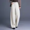 Pantalones casuales elegantes de pierna ancha, pantalones rectos holgados, pantalones de mujer otoño e invierno 2026, pantalones largos de lana de cintura alta con bolsillos, modernos