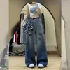 Jeans de Pierna Ancha Rasgados con Degradado Negro y Gris de Calle para Chicas Atrevidas Pantalones Rectos Sueltos de Cintura Alta de Cuadros Americanos Adelgazantes