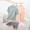 Pijama Feminino Três Peças Gola Redonda Pulôver Modelo Algodão Verão Fino Respirável Feminino Manga Curta Shorts Calça Pijama MO