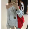 Camiseta rayada de manga larga con hombros descubiertos, estilo chic perezoso, para mujer, primavera, otoño, casual, holgada, top con hombros al descubierto, protección solar, camisa para aire acondicionado